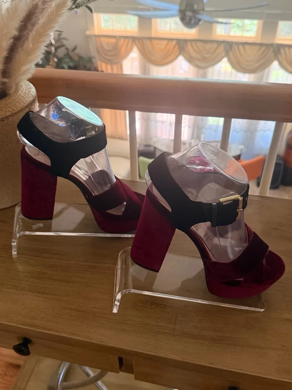 Libby. edelman Burgundy and Black Velvet Platform Block Heel Sandals - Picture 6 of 16